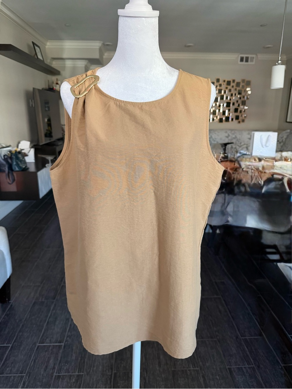 Nine West Tan Sleeveless Tank with Gold Double Ring Accent